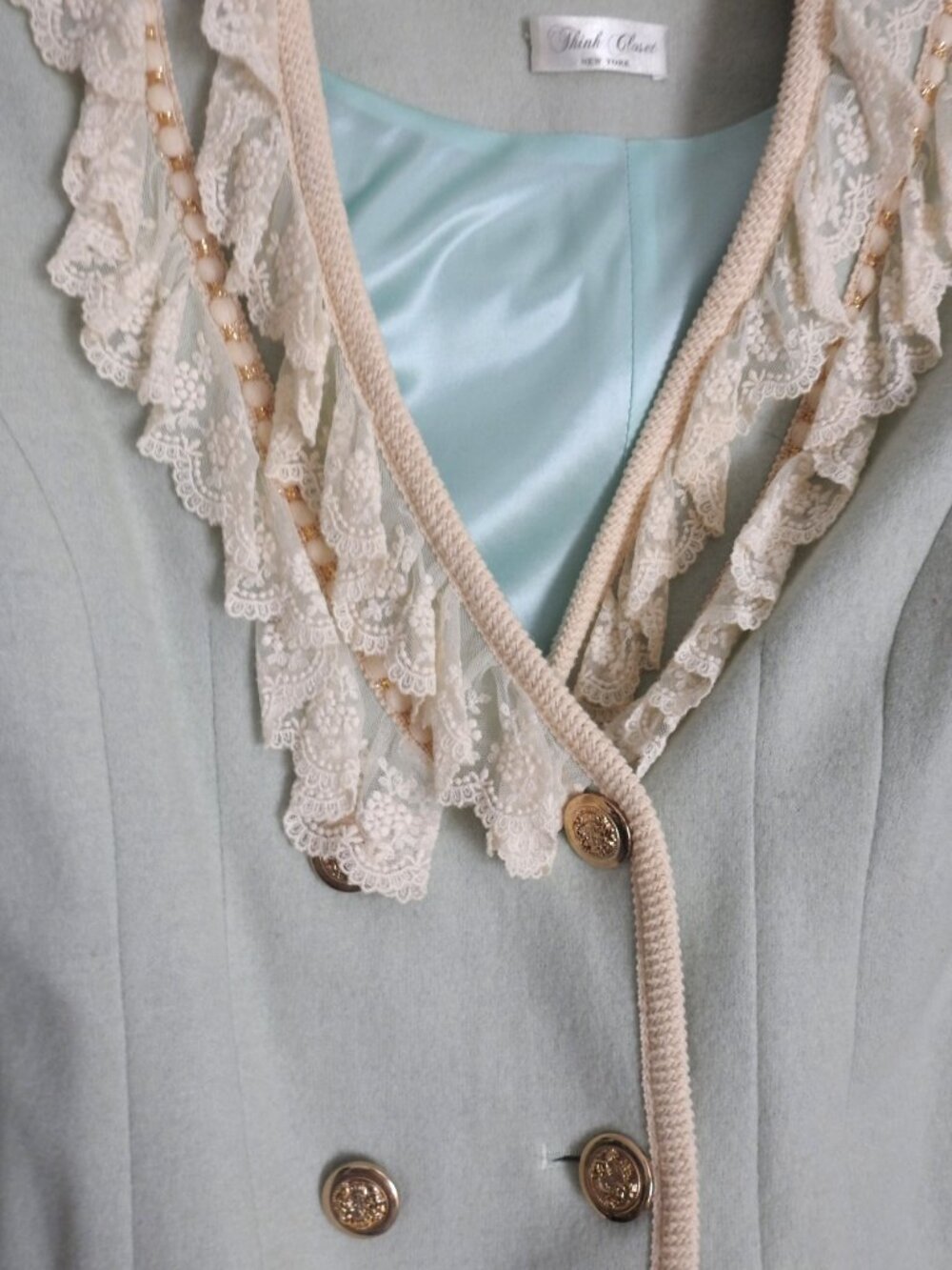 Think Closet Light Blue Lace Ruffle Double Breasted Cropped Blazer Jacket S - Picture 5 of 8